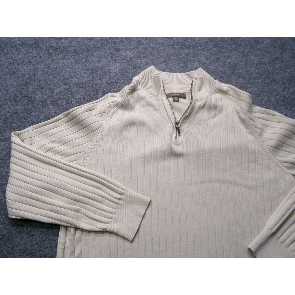 Merona Mens XL Cream Beige 100% Cotton Ribbed Quarter Zip Pullover Sweater